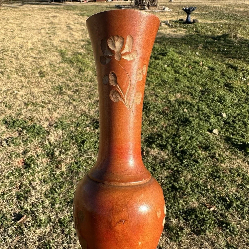 Vintage Hand Carved Painted Floral Red/brown Wooden Vase Mexico 7.5